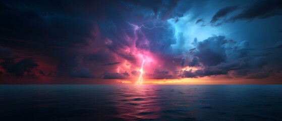 Obraz premium Dramatic Lightning Storm Over Calm Ocean Waters at Sunset with Vivid Colors and Dynamic Cloud Formation