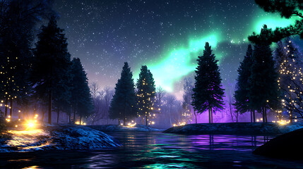 Obraz premium A beautiful night sky with a lake and trees. generated using AI