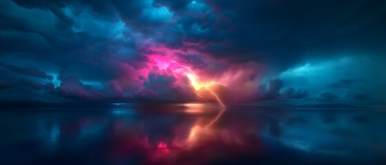 Dramatic Lightning Strikes Over Calm Water Reflecting Cloudy Sky at Dusk