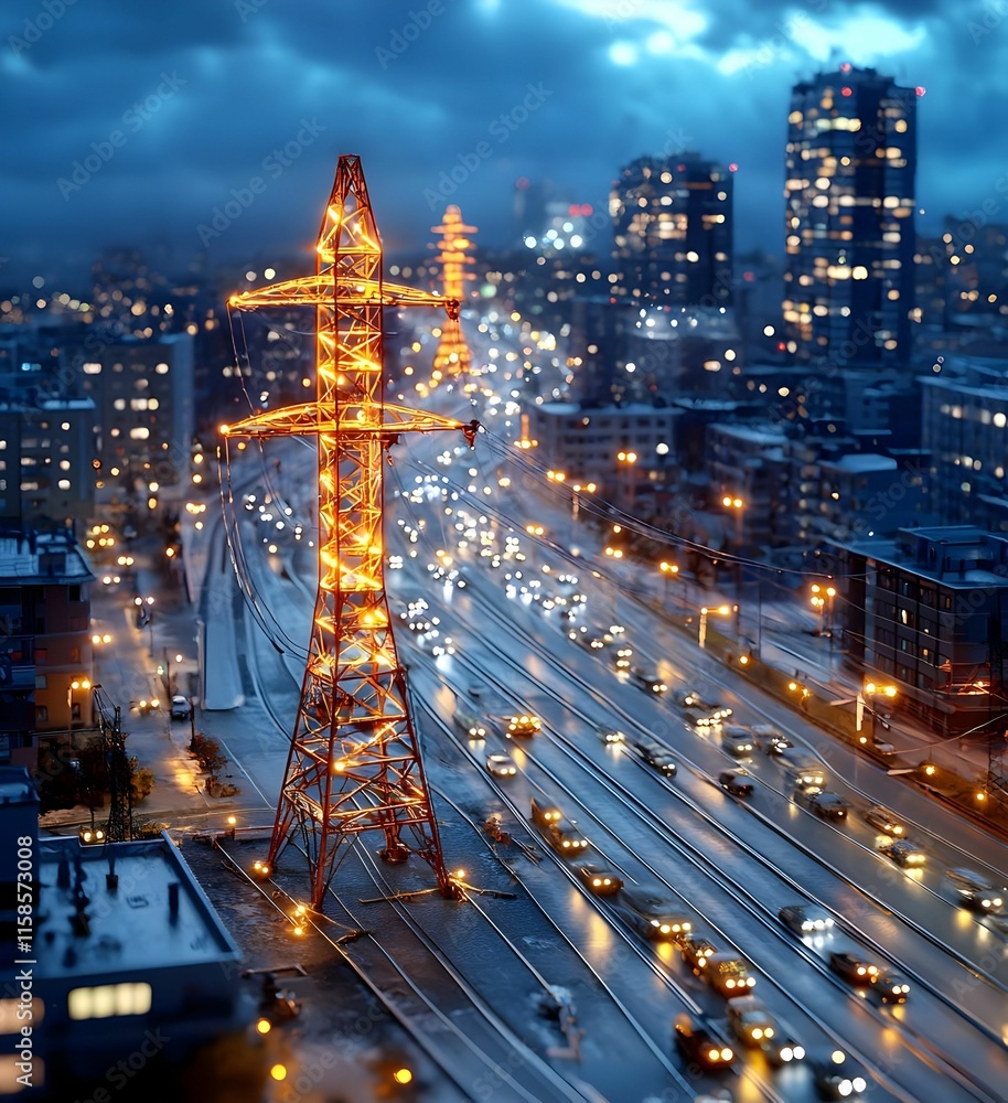 Poster urban energy network illuminated at twilight, showcasing intricate power lines and structures agains