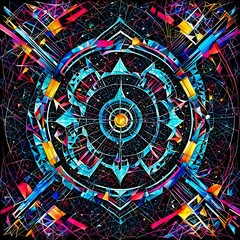 vibrant arrangement of colorful geometric shapes and lines creates a dynamic visual effect