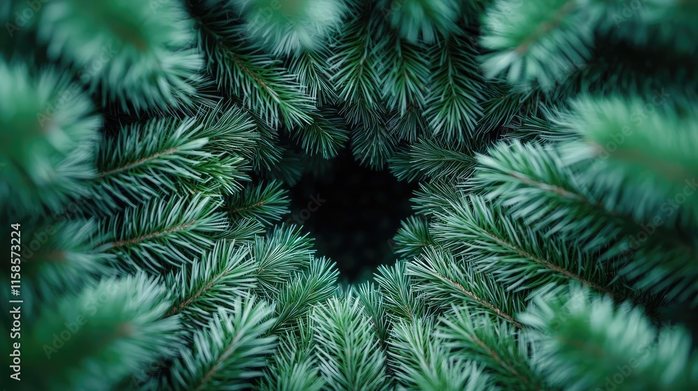 Poster Pine tree abstract background idea. Close-up view of evergreen tree branches creating a natural green tunnel effect.