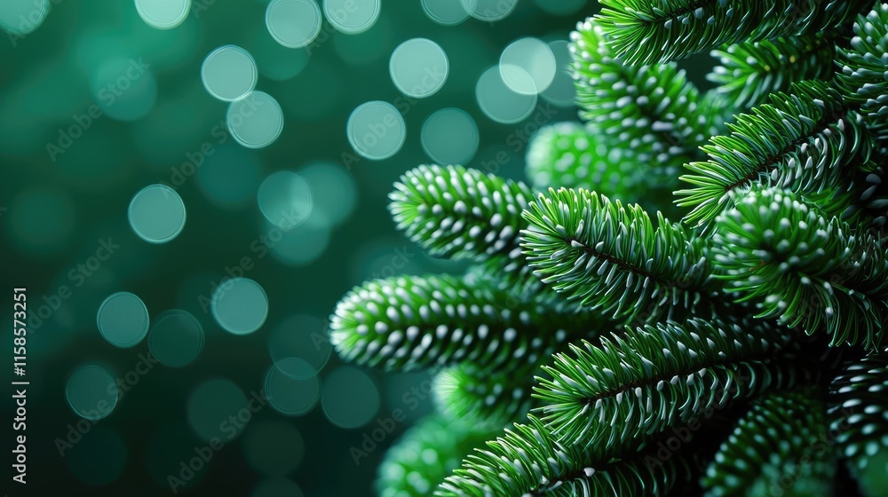 Poster Pine tree abstract background idea. A close-up of vibrant green pine needles with a soft bokeh background.