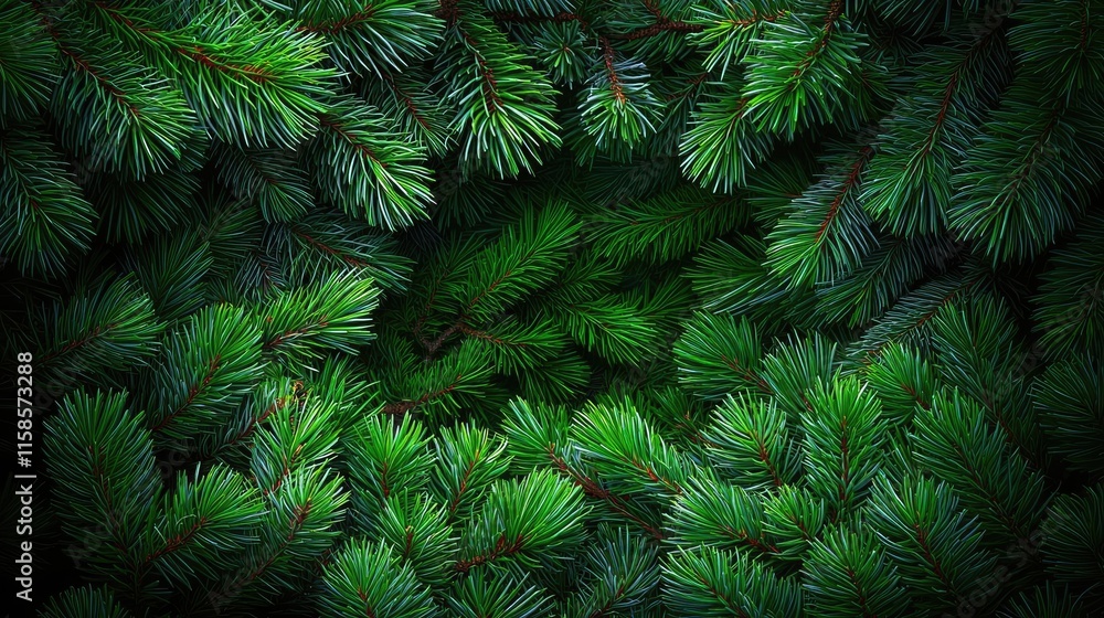 Poster Pine tree abstract background idea. Close-up of lush green pine needles creating a textured natural background.