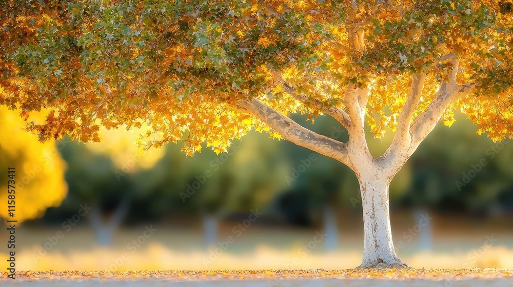 Poster Plane tree abstract background idea. A vibrant tree adorned with golden leaves in a serene landscape during autumn.