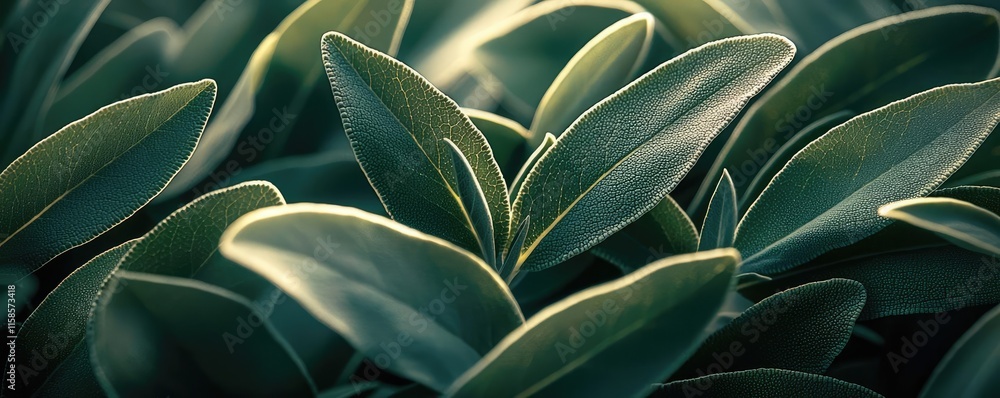 Poster sage leaves abstract background concept. close-up of vibrant green leaves showcasing intricate textu