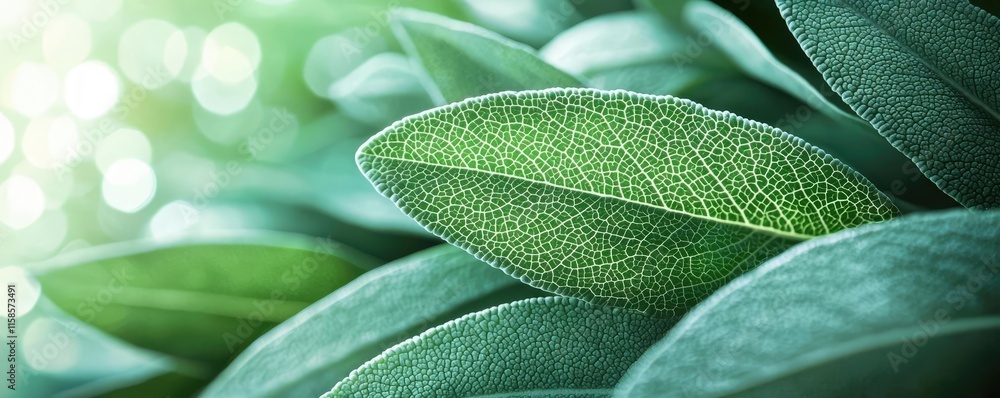 Poster sage leaves abstract background concept. close-up of vibrant green leaves showcasing intricate textu