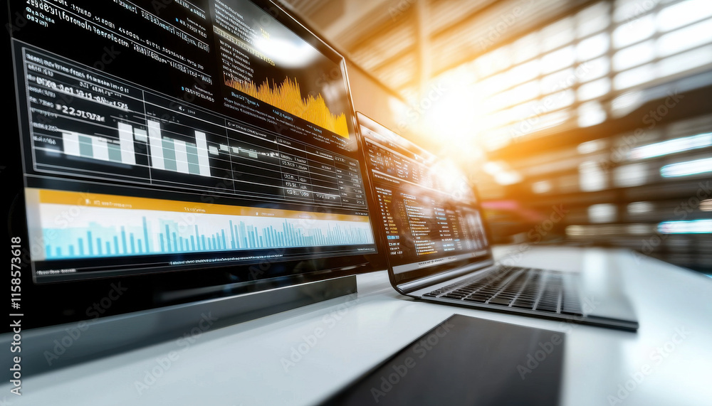 Poster high tech trading room with colorful analytics and data visualizations
