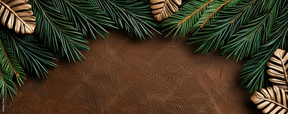 Poster pine tree abstract background idea. a beautiful arrangement of green pine leaves on a textured brown
