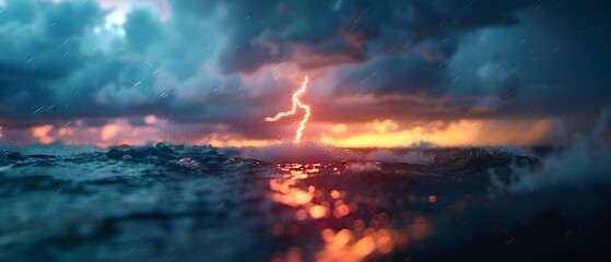 Fototapeta premium Dramatic Lightning Strikes Over Turbulent Ocean Waves at Dusk Under Dark Stormy Sky