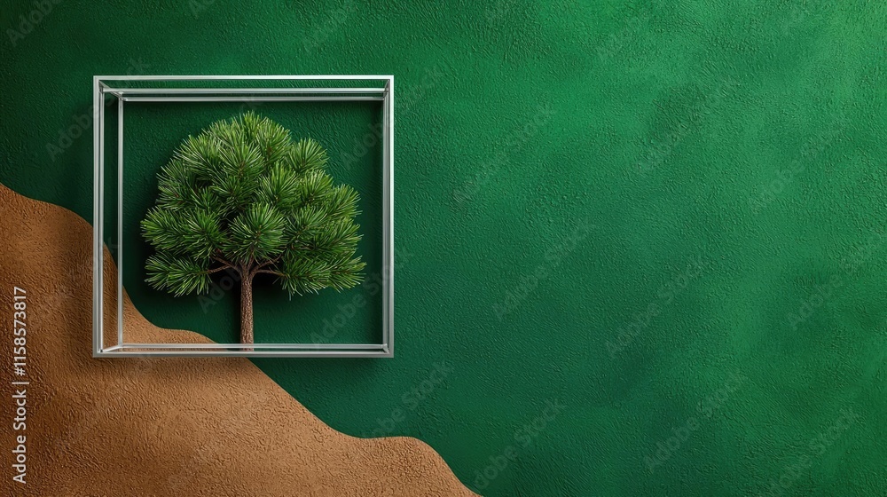 Poster Pine tree abstract background idea. A minimalist depiction of a tree in a framed box against a green backdrop.
