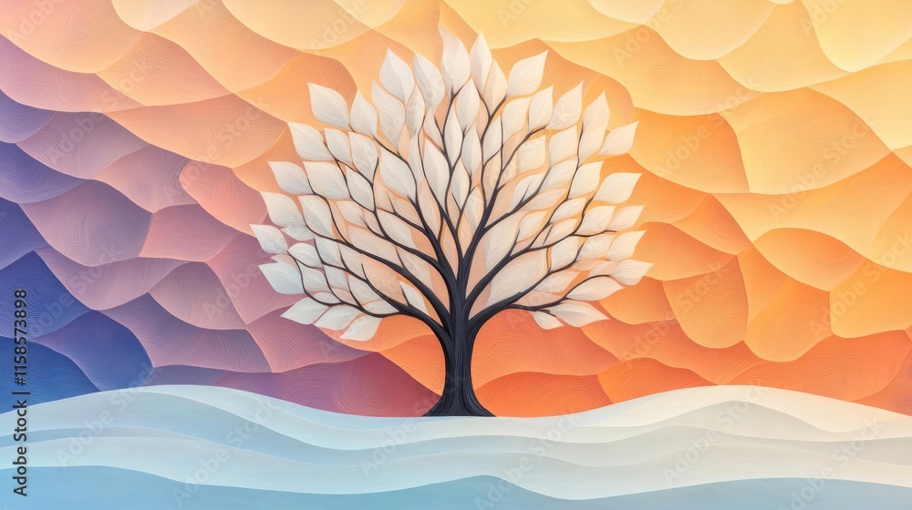 Poster Pine tree abstract background idea. A minimalist tree design against a colorful gradient background, showcasing nature's beauty.