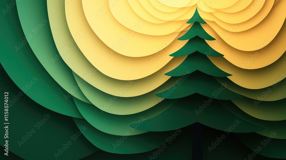 Poster pine tree abstract background idea. stylized layers of green and yellow depict a serene forest lands