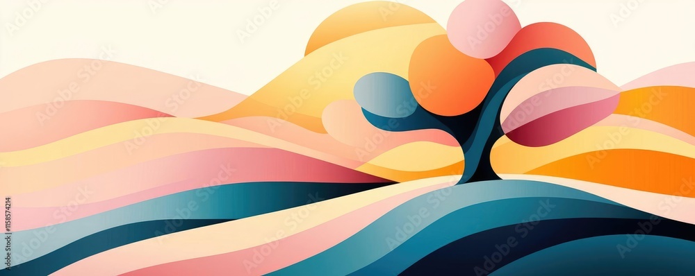 Poster Plane tree abstract background idea. A vibrant abstract landscape featuring colorful hills and a stylized tree.