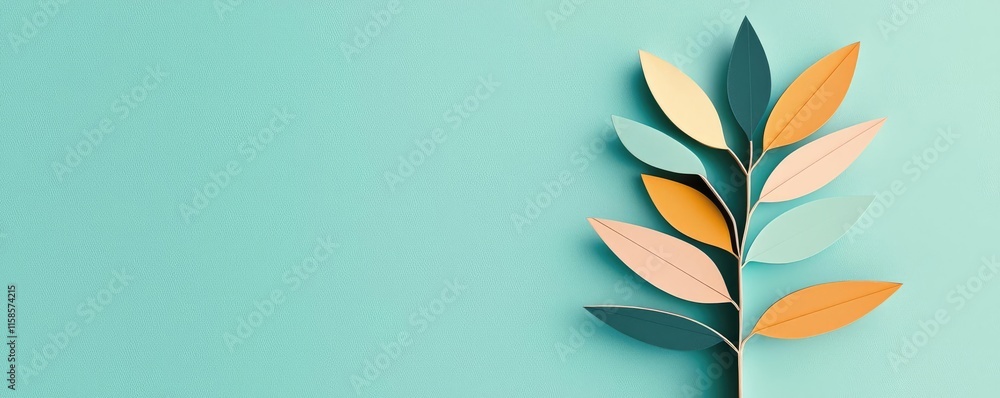 Poster plane tree abstract background idea. stylized leaves in vibrant colors against a soft turquoise back