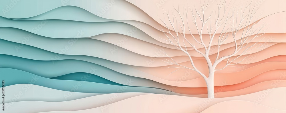 Poster Plane tree abstract background idea. Abstract layered waves with a minimalist tree design in soft color gradients.