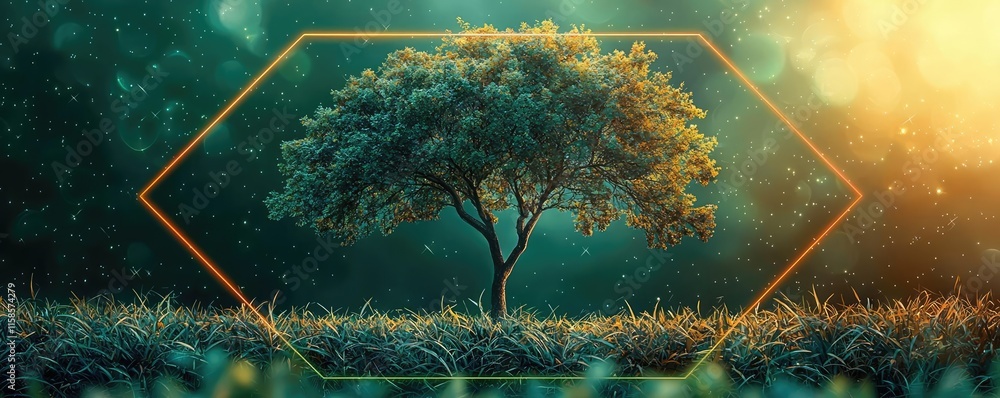 Poster Plane tree abstract background idea. A solitary tree under vibrant lights, surrounded by lush grass in a dreamlike atmosphere.