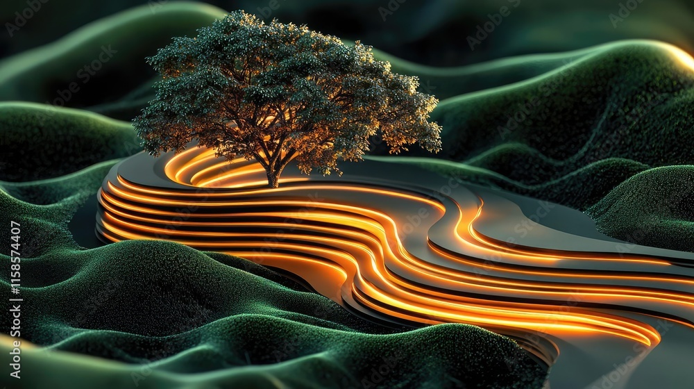 Poster plane tree abstract background idea. a glowing tree on flowing land, illuminated by warm lights in a