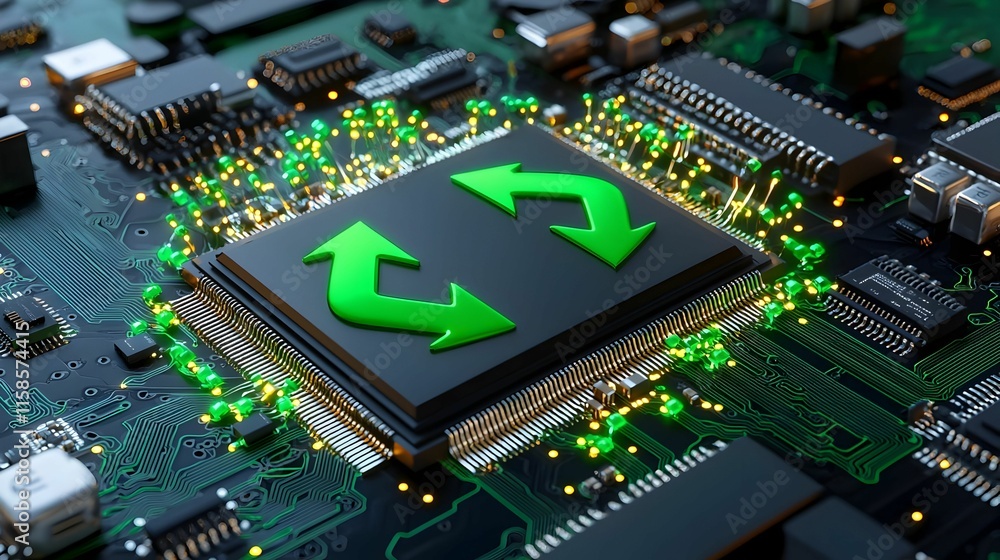 Poster futuristic green arrows from microchip, dynamic arrows radiate from a central microchip, symbolizing