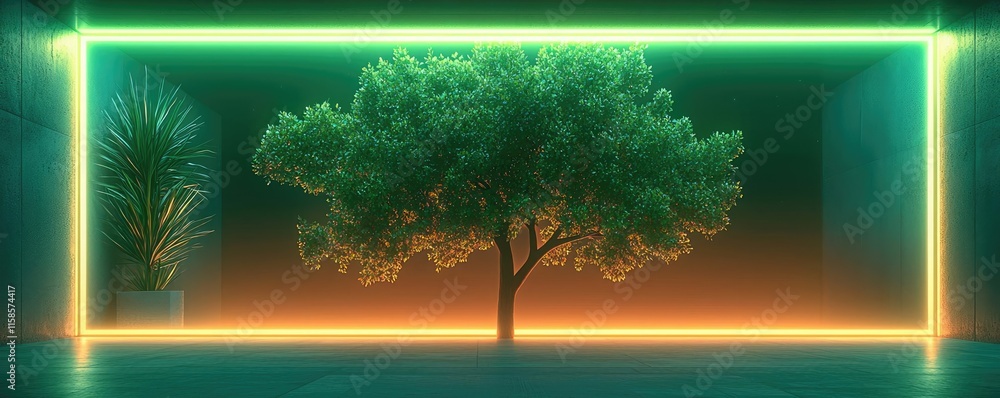 Poster Plane tree abstract background idea. A neon-lit tree with vibrant colors creating a serene and futuristic atmosphere.
