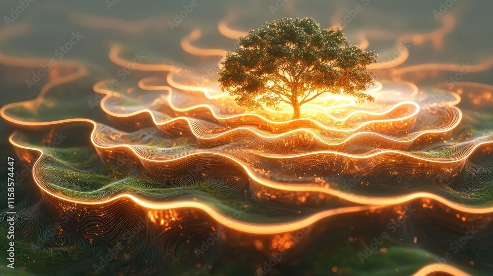 Poster plane tree abstract background idea. a glowing tree surrounded by vibrant waves of light, symbolizin