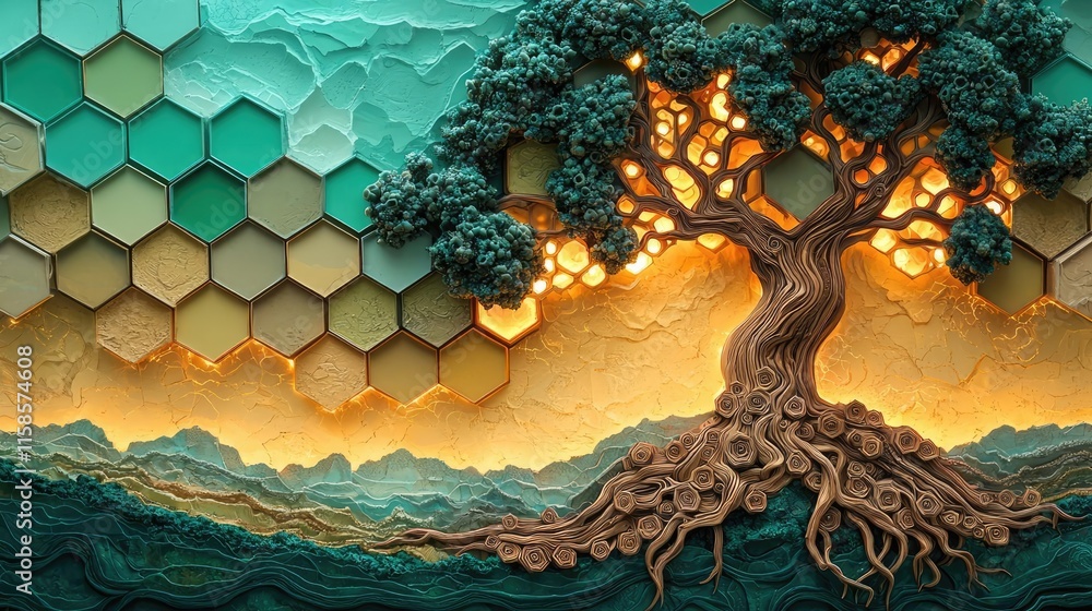 Poster Plane tree abstract background idea. A stunning artistic representation of a tree with hexagonal patterns and vibrant colors.