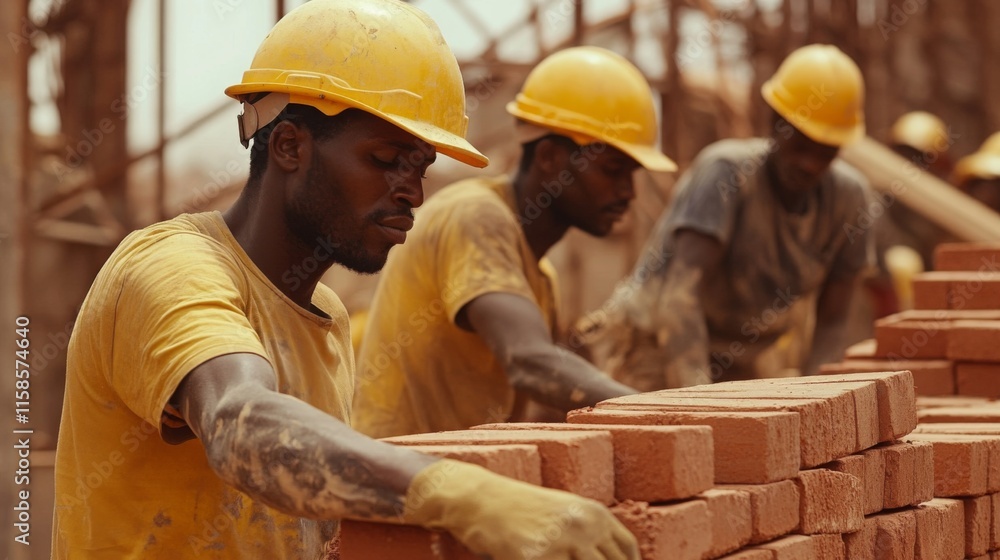 Poster workers in yellow helmets focus on laying bricks at a construction site. the warm sunlight illuminat