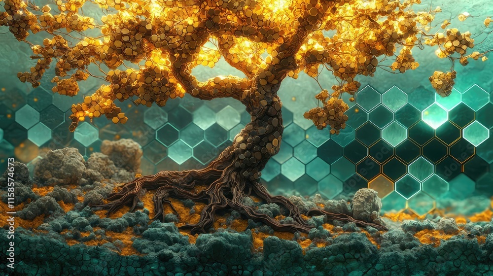 Poster Plane tree abstract background idea. A mesmerizing abstract tree illuminated by golden light against a vibrant background.
