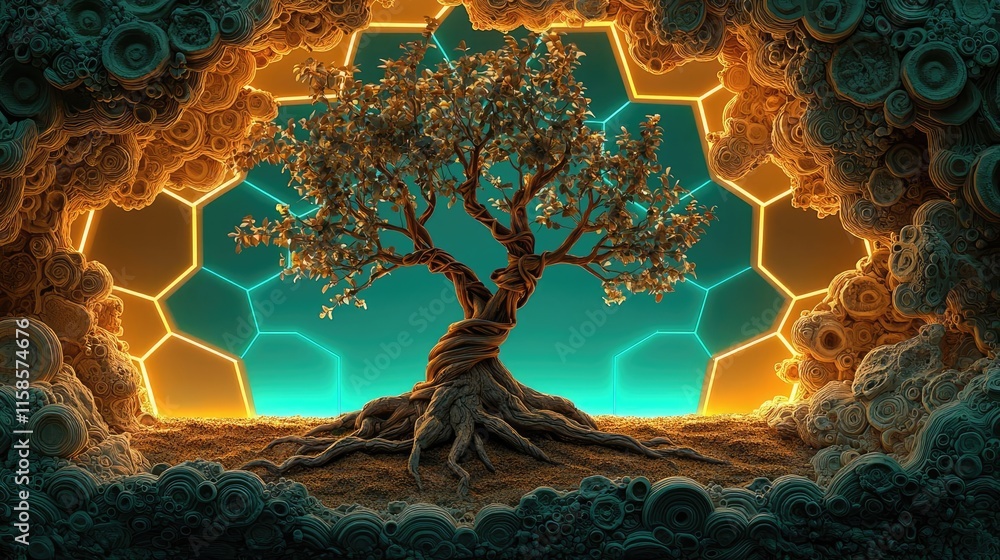 Poster Plane tree abstract background idea. A mystical tree surrounded by glowing hexagons, symbolizing nature and technology.