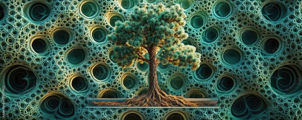 Poster pine tree abstract background idea. a majestic tree with vibrant leaves and intricate roots against 