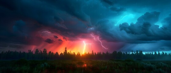 Fototapeta premium Dramatic Lightning Storm Over Tranquil Wilderness at Dusk with Colorful Sky and Reflections in Still Water