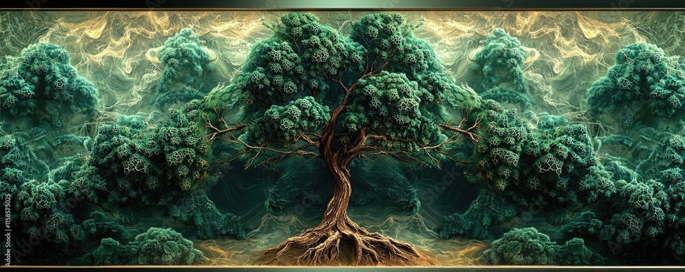 Poster pine tree abstract background idea. a majestic tree stands tall, surrounded by lush greenery and dra