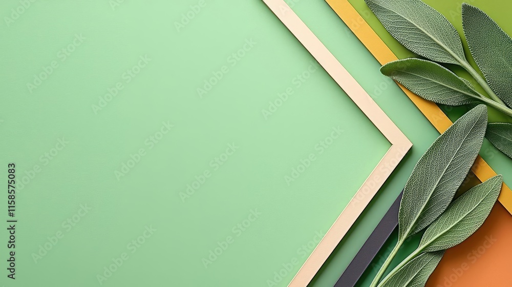 Poster sage leaves abstract background concept. aesthetic composition featuring green leaves and layered pa