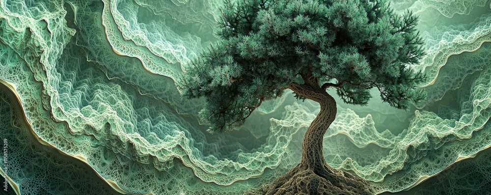 Poster Pine tree abstract background idea. A serene tree stands against a mesmerizing abstract background of swirling patterns.