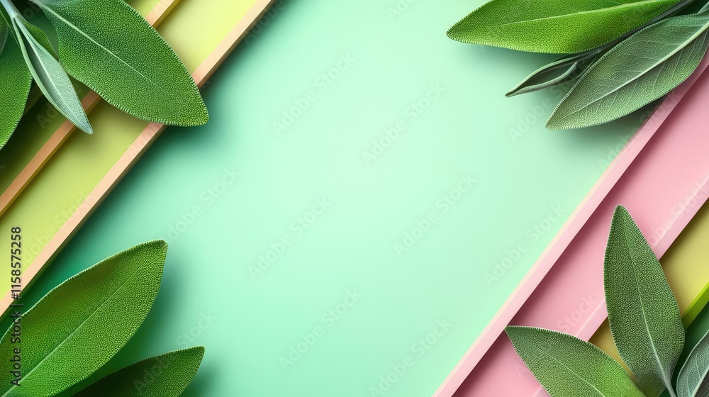 Poster sage leaves abstract background concept. a vibrant green background with colorful geometric shapes a