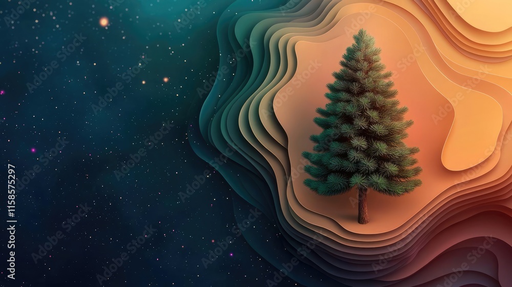Poster pine tree abstract background idea. a vibrant digital artwork depicting a lone tree against a galaxy