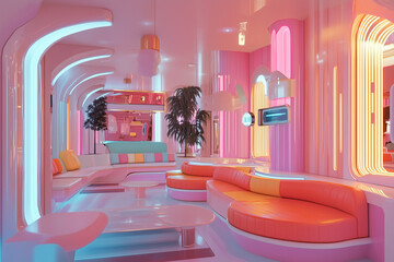 Retro futuristic interior design with pink, blue and orange colours