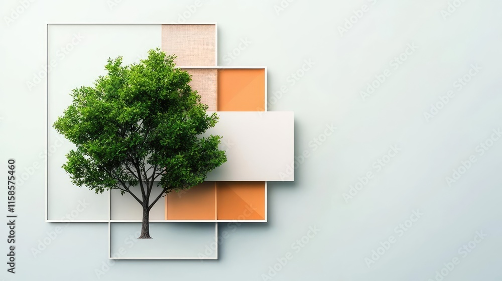 Poster Plane tree abstract background idea. A modern artwork featuring a green tree juxtaposed with colorful geometric shapes.