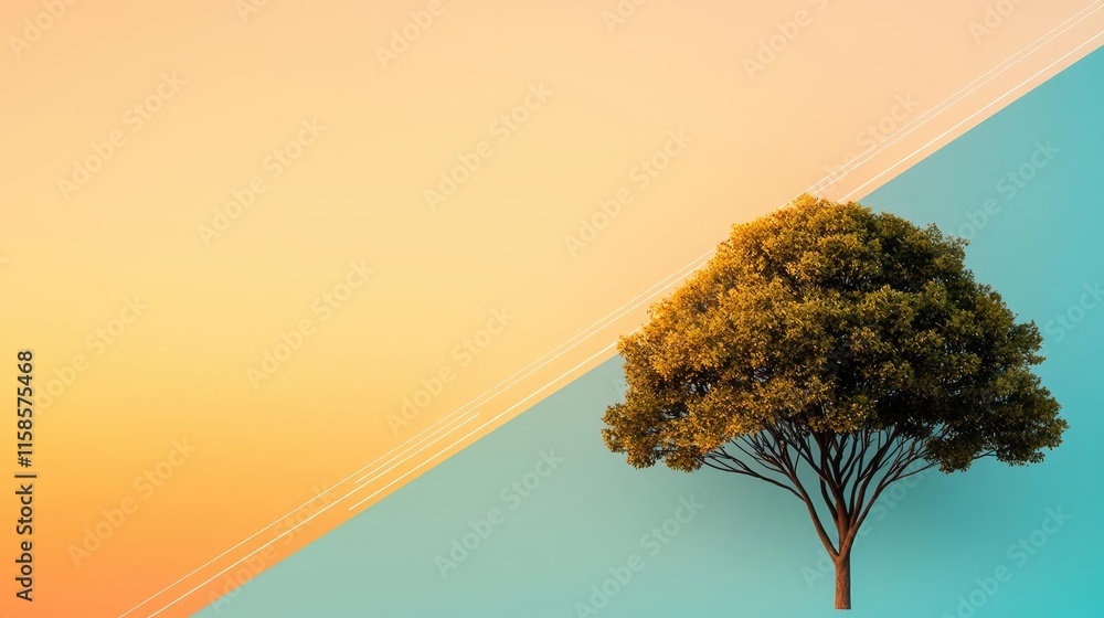 Poster Plane tree abstract background idea. A vibrant tree stands against a creative background of pastel colors at sunset.
