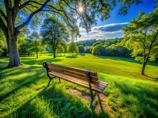 Fototapeta premium Aerial Park Bench Scene: High-Angle View of Empty Bench in Lush Green Park