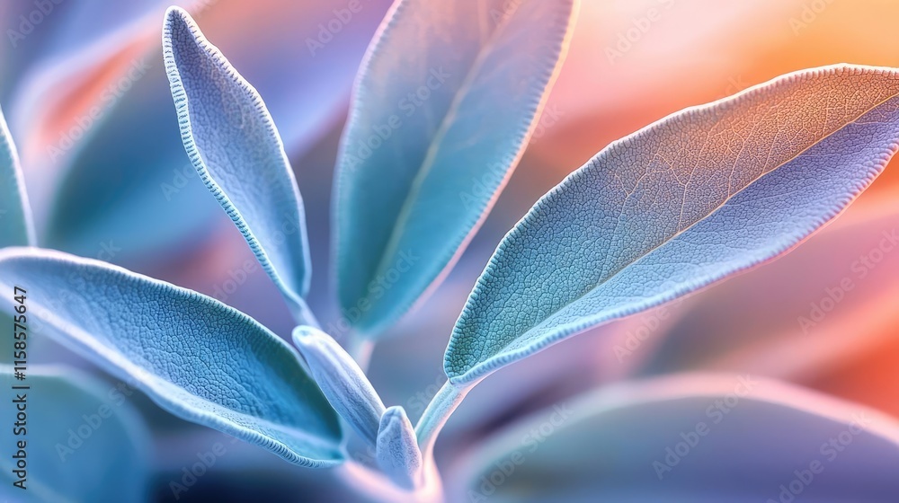 Poster Sage leaves abstract background concept. Macro view of delicate leaves showcasing intricate textures and vibrant colors.