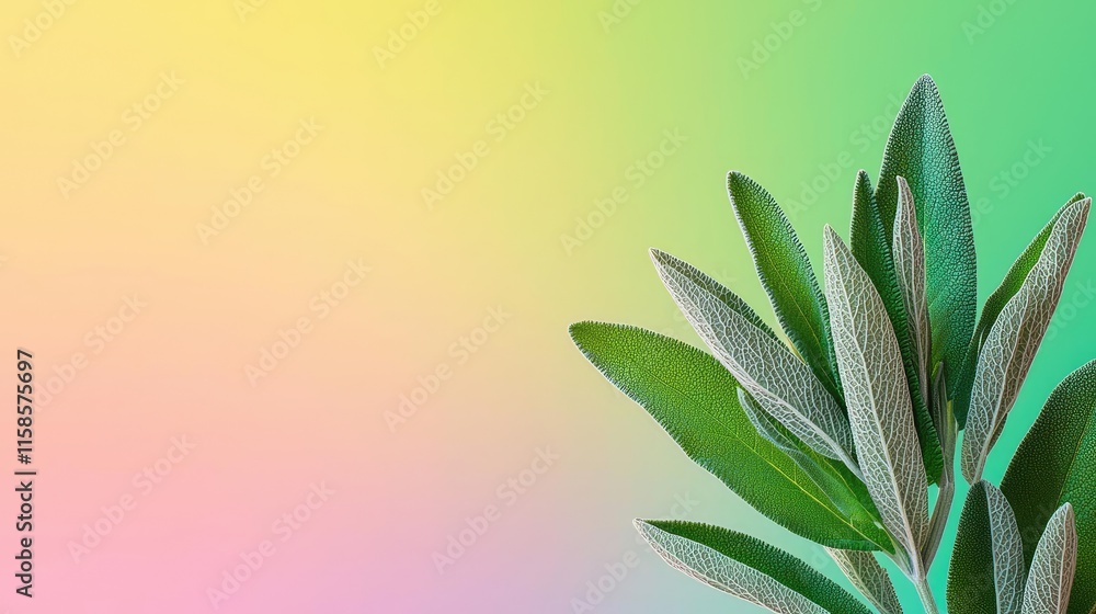 Poster sage leaves abstract background concept. a vibrant close-up of green leaves against a colorful gradi