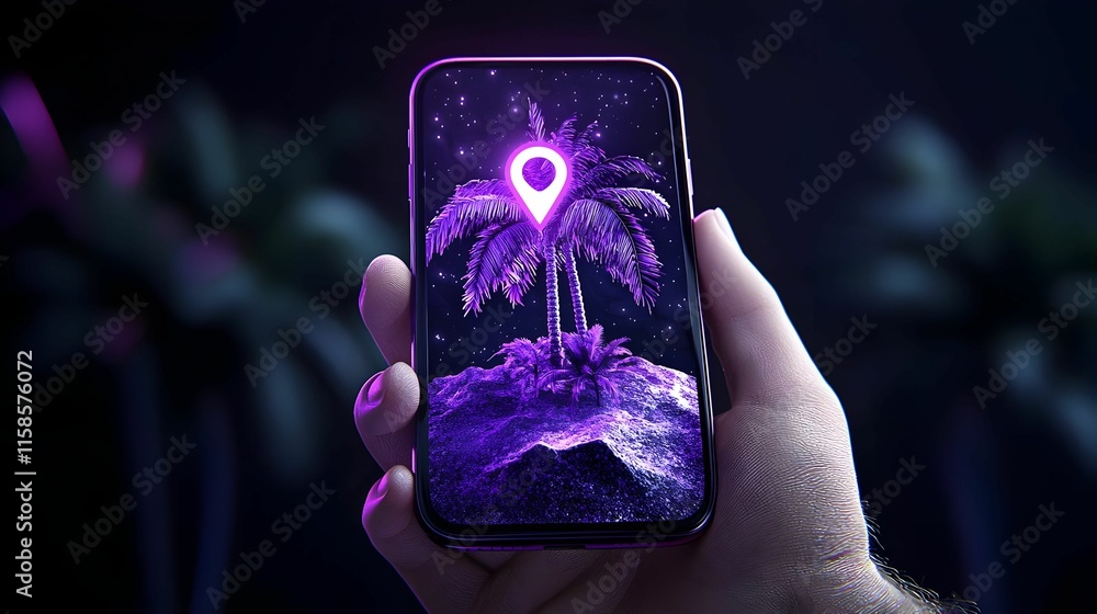 Poster hand gripping a smartphone displaying a location pin, symbolizing navigation and connectivity in a d