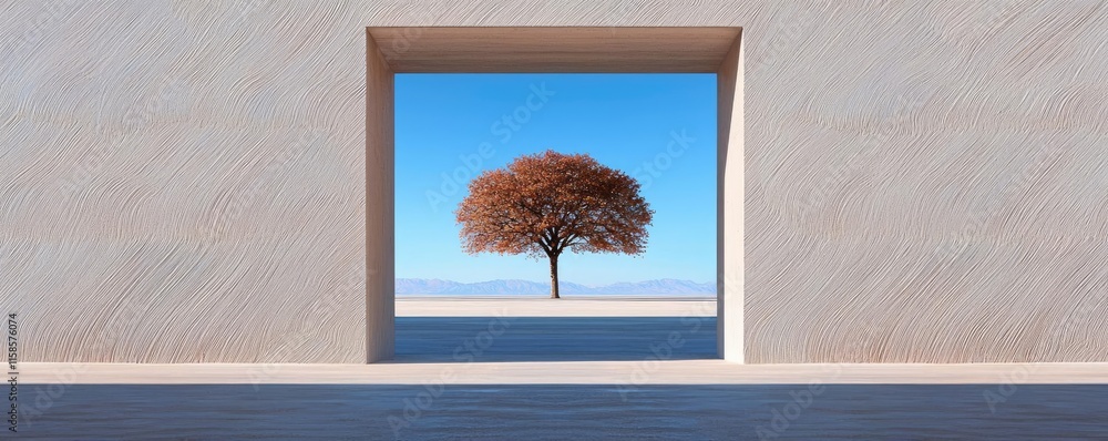 Poster Plane tree abstract background idea. A striking view of a solitary tree through a modern architectural frame, symbolizing nature.