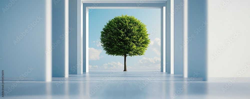 Aufkleber Plane tree abstract background idea. A serene view of a tree framed by modern architecture, symbolizing nature and tranquility.