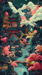 Colorful traditional landscape illustration poster background