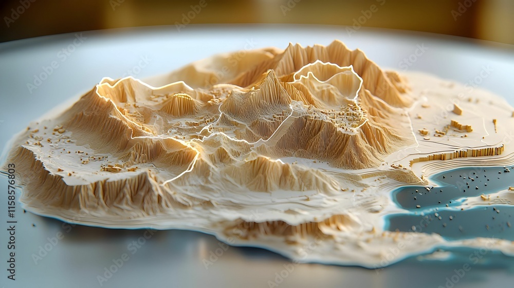 Poster holographic terrain model displaying advanced geographical insights, a detailed representation of to