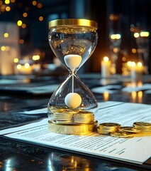 Time and Wealth, an hourglass filled with coins resting on financial documents, symbolizes the relationship between time management and financial success