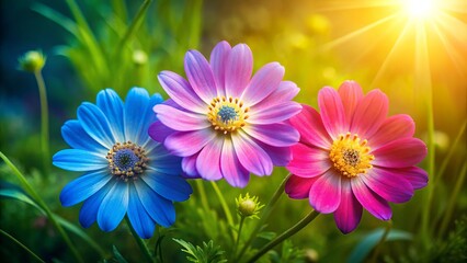 Fototapeta premium Aerial View of Three Pink and Blue Flowers in a Field - Stunning Nature Photography