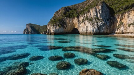 Obraz premium Crystal clear waters invite exploration at a hidden cove, showcasing vibrant marine life along stunning rocky formations under the bright sun